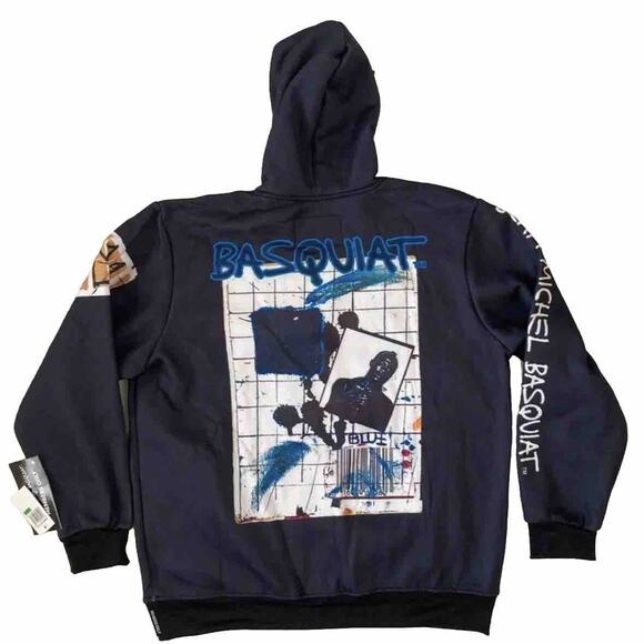 Jean Michel Basquiat Members Only Hoodie Mens Size Small Black Blue Painting - Picture 2 of 3